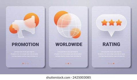 Promotion mobile app pages menu in glassmorphism style. Worldwide and rating vector banners set.
