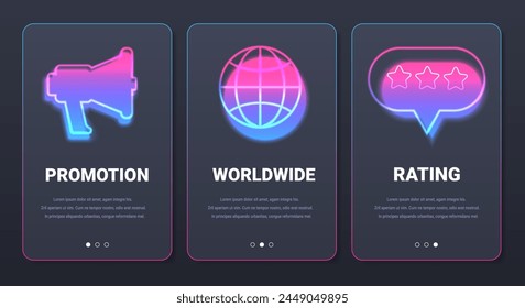 Promotion mobile app pages menu in neon glowing style. Worldwide and rating vector dark banners set.