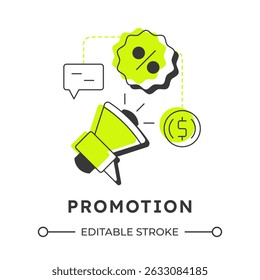 Promotion modern linear concept icon. Product advertising. Marketing strategy. Price, cost. Business, commerce. Flat outline elements connected with dotted lines. Creative visual. Easy to edit