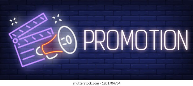 Promotion neon sign. Clapper and megaphone on brick wall background. Vector illustration in neon style for movie premiere