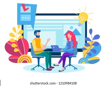 Promotion in the network, manager for remote work, team work on the project, brainstorming, internet assistant at work concept. Vector illustration for web design.