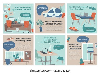 Promotion network post set for coworking space rent. Social media collection with workspace interior element, vector illustration. Book office near you online offer for professional teamwork