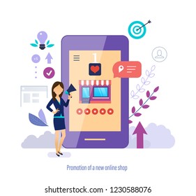 Promotion of new online shop. Marketing, promotion of store and products, social networks, advertising in mobile application, app development. Promotion startup business project. Vector illustration.