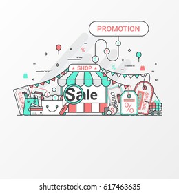 Promotion and offer concept. Red, Blue and Gray color. Modern thin linear stroke. For promotion banner, offer, shopping, advertising, discount and web deal. Vector illustration.
