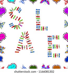 Promotion offer with nice elements decoration in white, blue colors. Seamless pattern. Sale banner template with cute elements in colorful background. Vector. Card for shoping. Summer background.