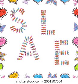 Promotion offer with nice elements decoration in pink and white colors. Sale banner template with cute elements in colorful background. Summer background. Vector. Seamless pattern. Card for shoping.