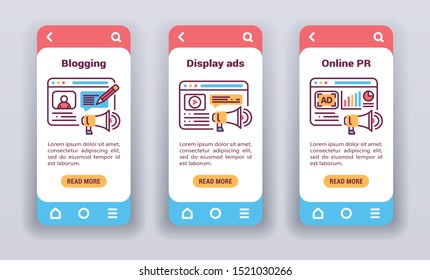 Promotion on mobile app onboarding screens. Flat icons, blogging, display ads, online PR. Banners for website and mobile kit development. UI/UX/GUI template.