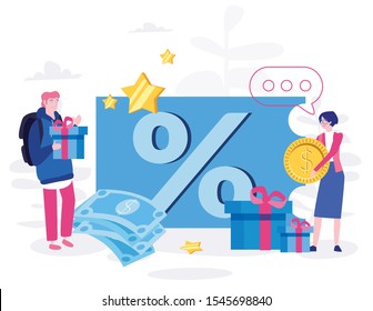 Promotion on store or shop loyalty program, Vector illustration.for web banner, infographics, mobile website. Landing page template. Bonus or reward. Happy people with present box. Big sale