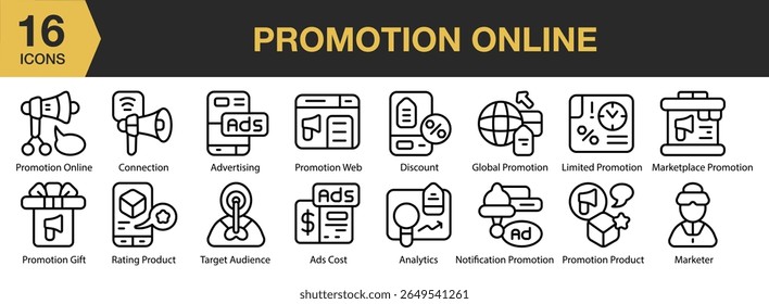 Symbolsatz "Online-Werbeaktion". Umfasst Werbung, Online-Marketing, Digital, Kampagne und mehr. Gliederungssymbole, Vektorsammlung.