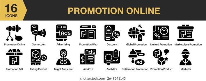 Promotion Online solid icon set. Includes promotion, online, marketing, digital, campaign, and More. Solid icons vector collection.
