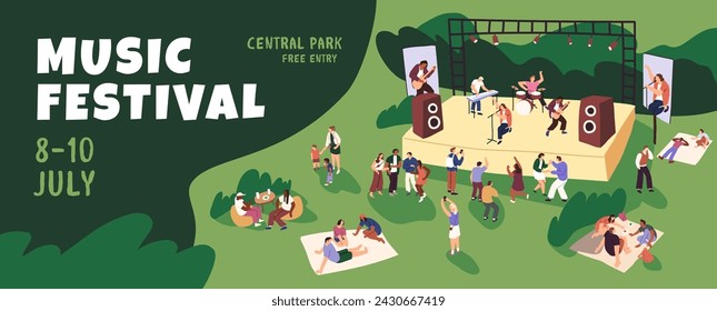 Promoción de festival de música al aire libre en cartel. Músicos con actuación en el escenario, el público baila, la gente hace un picnic en el parque. Afiche publicitario del concierto de la banda de rock. Ilustración vectorial plana