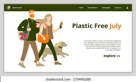 Promotion page template of Plastic Free July depicting an eco family consisting of a man, woman and dog that uses no plastic