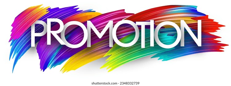 Promotion paper word sign with colorful spectrum paint brush strokes over white. Vector illustration.