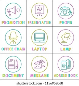 Promotion and phone presentation with chart and office chair icons set. Laptop with screen and document page with pen message and address book vector