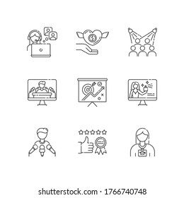 Promotion pixel perfect linear icons set. Publicist worker. Donation to charity foundation. Customizable thin line contour symbols. Isolated vector outline illustrations. Editable stroke