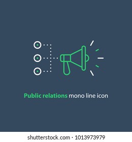 Promotion plan, social media marketing concept, megaphone mono line icon, public relations vector illustration