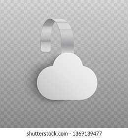 Promotion pointing wobbler in form of cloud for supermarket sale announcement in realistic style. Vector illustration of custom advertising dangler mockup isolated on transparent background.