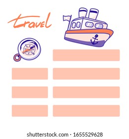 Promotion poster with travel text, steamboat, compass logo, copy space. Web template for travel agency banner, travel book print, advertising card, scrapbook, postcard. Stock vector illustration