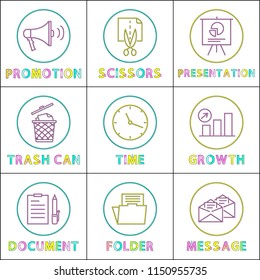 Promotion and presentation on whiteboard. Trash can and time clock showing hours and minutes. Document folder and message growth set of icons vector