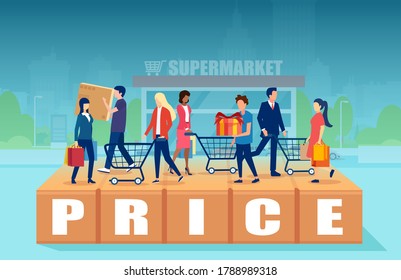 Promotion and pricing concept. Vector of shoppers with shopping carts