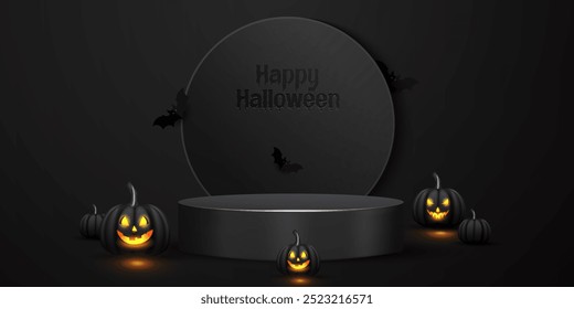 Promotion product podium background design with pumpkins, bats, candles, eyes, and black color.  Black color Happy Halloween product banner design template with a realistic 3D cylinder podium. 