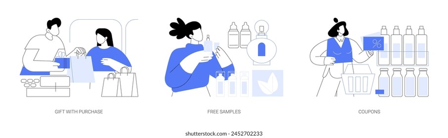 Promotion of products isolated cartoon vector illustrations set. Salesperson giving a present with purchase to a customer, take free samples in store, using coupons when shopping vector cartoon.