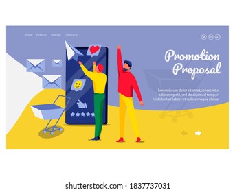 Plantilla de página de inicio de propuesta de promoción. Equipo de negocios que trabaja en la estrategia de contenido empresarial. Publicidad en sitios web, promoción, tecnologías de comercio electrónico ilustración vectorial plana de ilustraciones vectoriales planas