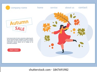 Promotion sale autumn banner with cute girl and falling leaves. Vector illustration. Template for commercial poster, discount or sale flyer, web page.