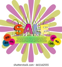 Promotion sale blank. Spring sale vector illustration. Template for Happy Easter, other spring and summer holiday. High quality illustration. Your text, sale stickers 50 20 30 % discount, banner flyer