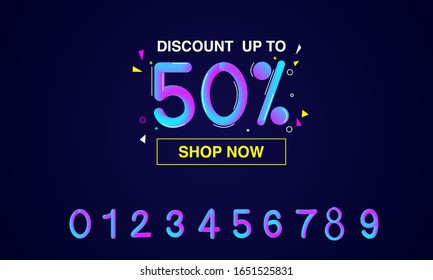 Promotion, sale, discount banner template design with modern 3d colorful gradient liquid number text effect