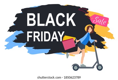 Promotion of sales and discounts in the shop. Woman shopping on black friday. Female character a scooter rides to the store. Young beautiful fashion shopper girl with the advertisement on background