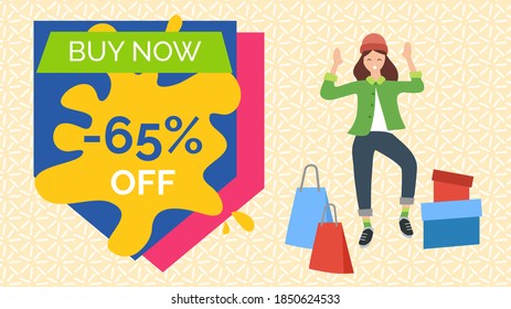 Promotion of sales and discounts in the shop. Woman shopping on black friday. Female character in hat is dancing near boxes. Young beautiful fashion shopper girl with the advertisement on background