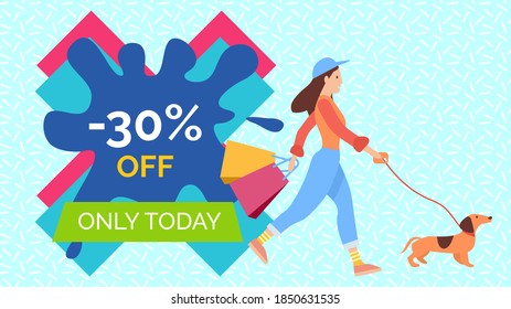 Promotion of sales and discounts in the shop. Woman shopping on black friday. Female character is walking with the dog. Young beautiful fashion shopper girl with the advertisement on background