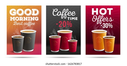 Promotion set of flyer template design for cafe with coffee cups illustrations, with motivation quotes and big typography