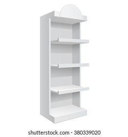 Promotion shelf. Retail Trade Stand Isolated on a white background. Slender white shelves. Mock Up Template. Vector illustration.