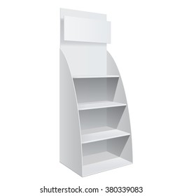 Promotion shelf. Retail Trade Stand Isolated on the white background. Slender white shelves. Mock Up Template. Vector illustration.