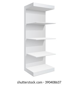 Promotion shelf. Retail Trade Stand Isolated on the white background. Slender white shelves. Mock Up Template. Vector illustration.