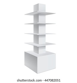 Promotion shelf. Retail Trade Stand Isolated on the white background. Slender white shelves. Mock Up Template. Vector illustration.