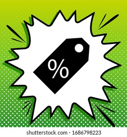 Promotion sign. Black Icon on white popart Splash at green background with white spots. Illustration.