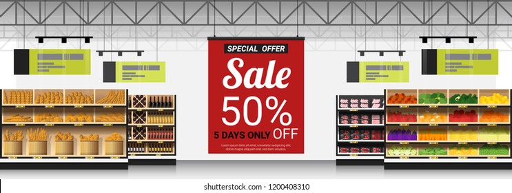 Promotion sign in modern supermarket background , vector , illustration