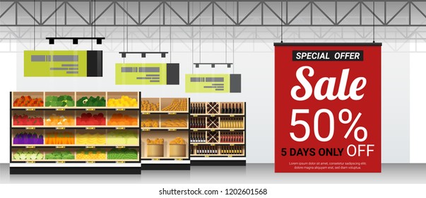 Promotion sign in modern supermarket background , vector , illustration