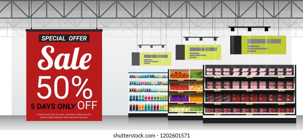 Promotion sign in modern supermarket background , vector , illustration
