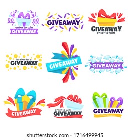 Promotion in social media with giveaways, collection of banners with presents and celebration confetti. Gifts and freebies for likes or posts of followers. Advertising online, vector in flat style