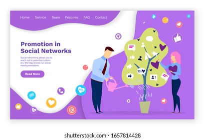 Promotion in social media, people growing and watering tree. Man and woman working as smm managers dealing with likes and followers involvement. Website or webpage template, landing page vector