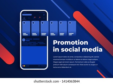 Promotion In Social Media. Smartphone With Interface Carousel Post On Social Network. Stories In Social Networks. Modern White Smartphone. Blue Abstract Background For Website And Mobile App Banner