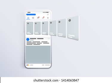 Promoción en medios sociales. Smartphone con entrada de interfaz carrusel en redes sociales.  Teléfono de pantalla con la aplicación. Plantilla de diseño de la página de inicio o del banner. Teléfono inteligente blanco moderno 2019.