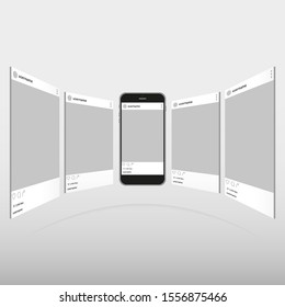 Promotion in social media. Smartphone with interface carousel post on social network. Screen phone with the application. Design template from landing page or banner. Modern white smartphone 2019.