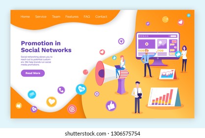 Promotion in social network web page infocharts vector. People working on optimization and popularization of website. Team with computer pc monitor. Template landing page in flat