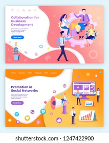 Promotion in social networks, collaboration of successful team vector. People on conference brainstorming and getting new ideas. Gathering of workers
