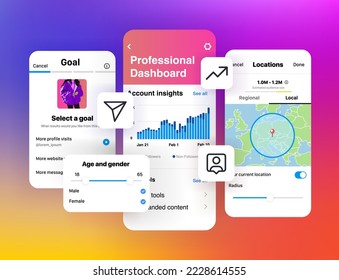 Promotion in social networks concept. Advertising dashboard instagram. Interface social media mobile app. Setup menu account insights